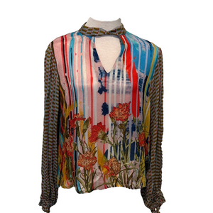 Conditions Apply Womens Mixed Print Long Sleeve Keyhole Top Blouse Size Small
